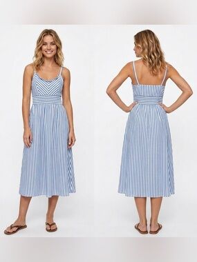 Zara Linen Blend Striped Strappy Midi Knee Length Sundress Blue/White, Size S